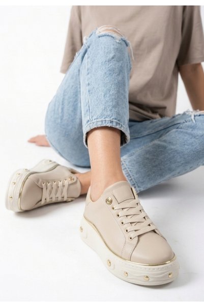 Generic Brand Bebi Beige Leather Laced Sports Shoes