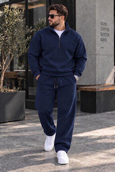 LUPERCUS Men's Navy Blue Top and Bottom Set Zippered Sweatshirt