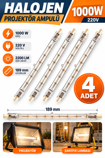 DepoTronik 4 Adet Halojen Ampul Projektör Ampulü 1000 Watt