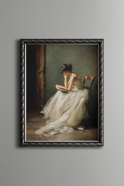 epiqart امرأة تقرأ كتابًا في فستان أبيض - لوحة بتصميم عتيق - نموذج نحيف