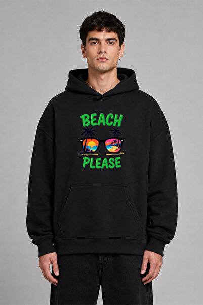 VSRN Hanorac negru supradimensionat cu glugă, imprimat frontal, Beach Please ...
