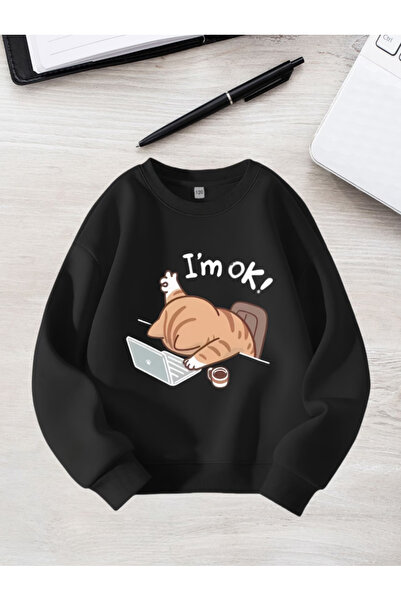 one button Unisex Γυναικεία φούτερ με κουκούλα I'm Ok Hardworking Cat με στάμ...