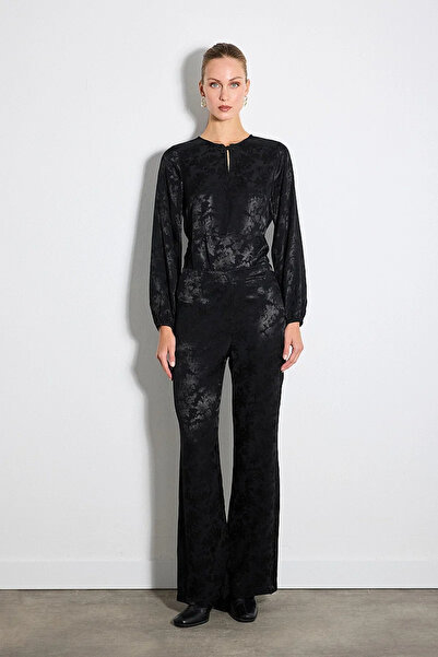 Gusto Wide Leg Jacquard Trousers - Black