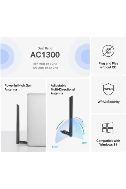 ART3 MA30H, AC1300 Mbps, Çift Bant, USB 3.0, Yüksek Çekim Güçlü Wi-Fi 5 USB Adaptör