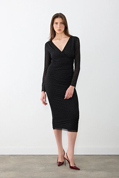 Gusto Polka Dot Patterned Wrap Cut Evening Dress - Black