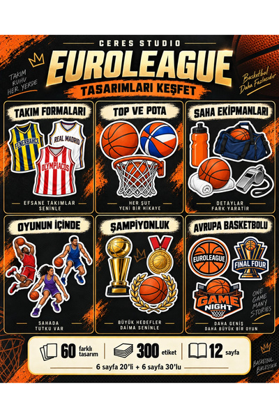 Ceres Studio EuroLeague Takım Formaları ve Basketbol Sticker Seti - Defter, Ajanda ve Hediye Süsleme Etiketleri