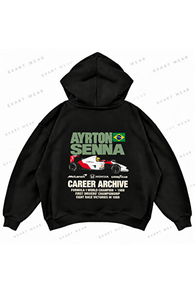 SVART WEAR Айртон Сена Ф1 Принтиран черен овърсайз суитшърт със свободна кройка