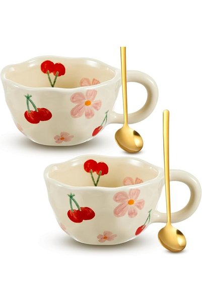 KASTWAVE Set of 2 Ceramic Coffee Mugs with Spoons, Vintage Floral Porcelain T...