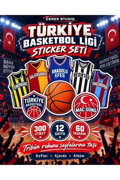 Ceres Studio Türkiye Basketbol Ligi Takım Formaları ve Basketbol Sticker Seti - Defter, Ajanda ve Hediye Süsleme