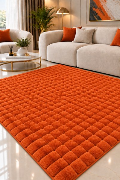 Fluffle Ultra Yumuşak Turuncu Renk Yıkanabilir Büyük Boy Peluş Halı