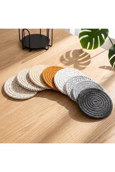CozyNook 8 Pack Woven Cotton Coasters with Holder, 4.3 Inch Drink Coaster Set