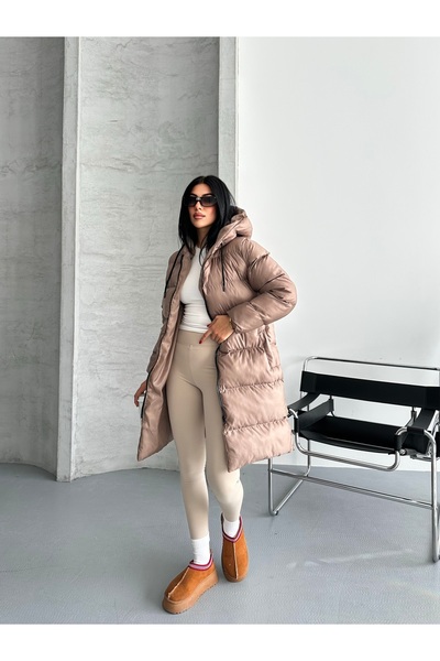 Fashionbox γυναικείο αδιάβροχο μακρύ πουπουλένιο παλτό με κουκούλα και φερμου...