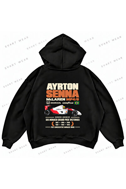 SVART WEAR Айртон Сена Ф1 Принтиран черен овърсайз суитшърт със свободна кройка