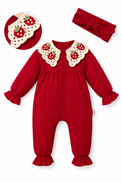 LİLİYUM Kız Bebek Tulum 3-6 6-9 9-12 Ay %100 Pamuk Çilek Desenli Örgü Yakalı ...