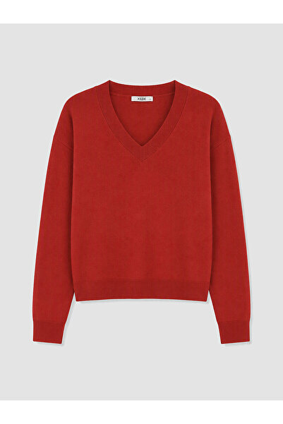 LC Waikiki Alita City Xside Red Knitwear Plain V-Neck Women's Sweater with a ...