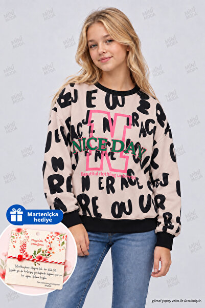 Minimoda Kids Hanorac supradimensionat cu imprimeu pentru fete, cu guler tip ...