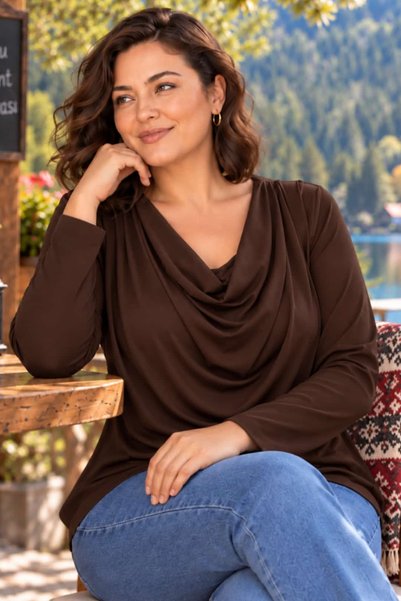 tarzımsüper Plus Size Women's Degaje Collar Stylish Casual Long Sleeve Blouse