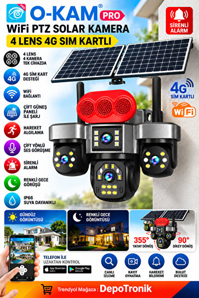 DepoTronik WiFi PTZ Solar Kamera 4 Lens 4G SIM Kartlı Çift Güneş Panelli Sirenli Dış Mekan Güvenlik Kamerası
