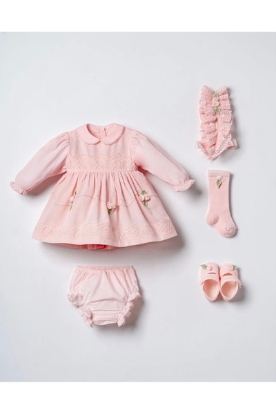 Moonstar Kız Bebek Çiçek Nakışlı Elbise, Külot, Çorap ve Patik ayakkabı 4’lü Set