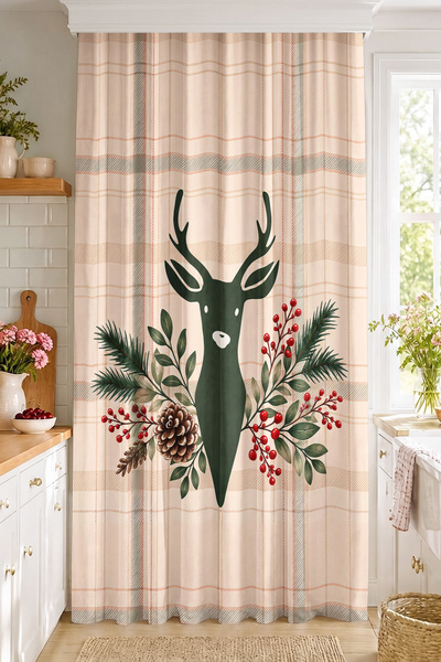 Realhomes Plaid Patterned Single Wing Curtain with Deer Pine Branches and Red Fruits (with Cushion Cover)