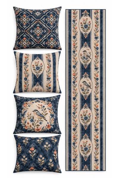 Nari Collections Navy Blue Garden 4-Piece Cushion Cover + 1 Runner Set – 43X43 cm Double-Sided Cover, 40X140 cm Runner