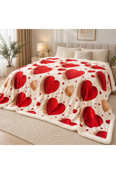 OEM Patura pufoasa cu blanita 200x220 cm, model Love Hearts