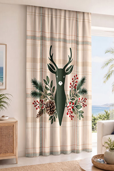 Realhomes Plaid Patterned Digital Printed Single Wing Background Curtain with...