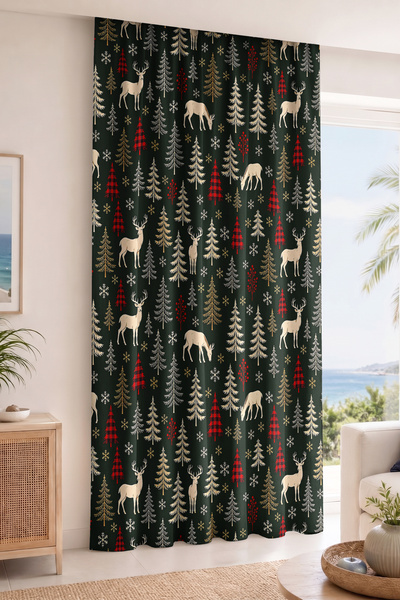 Realhomes Deer and Pine Tree Patterned Digital Printed Single Wing Background Curtain (with Cushion Cover as a Gift)