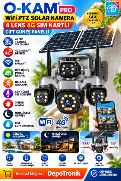 DepoTronik WiFi PTZ Solar Kamera 4 Lens 4G SIM Kart Destekli Çift Güneş Panel...