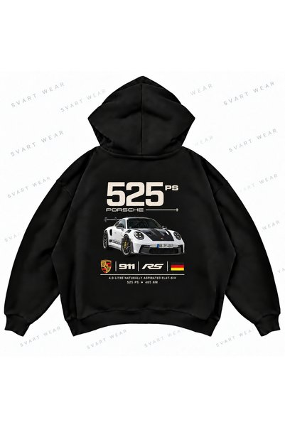 SVART WEAR Porsche 911 GT3 RS Щампован черен овърсайз суитшърт с качулка със ...