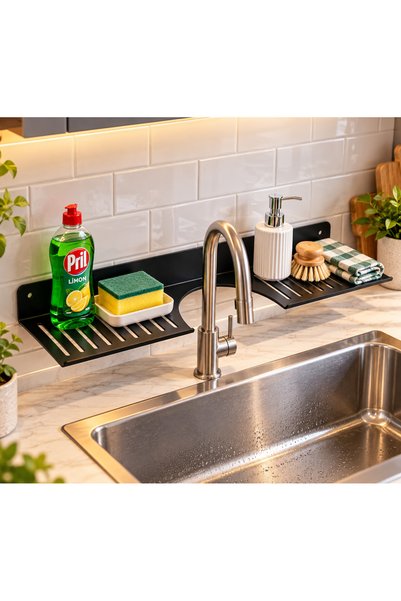 GOCEHOME Mutfak & Banyo Lavabo Üstü Düzenleyici Raf – Siyah Metal – 50 × 11 cm