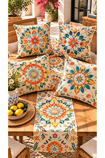 Nari Collections Colorful Mandala Garden 4-Piece Cushion Cover + 1 Runner Set – 43X43 cm Double-Sided Cover, 40X140 cm Runner