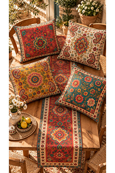 Nari Collections Anadolu Motifs 4-Piece Throw Pillow Cover + 1 Runner Set – 43X43 cm Double-Sided Cover, 40X140 cm Runner