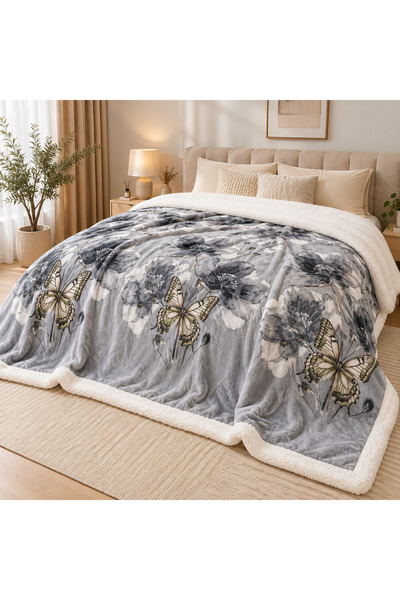 OEM Patura pufoasa cu blanita 200x220 cm, model Silver Butterfly
