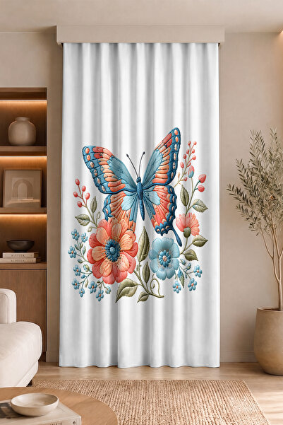 Realhomes Butterfly and Flower Patterned Digital Printed Single Wing Backgrou...