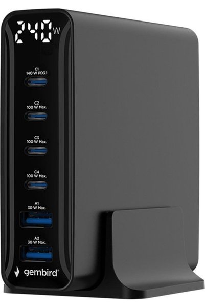 Gembird Φορτιστής USB-C GaN 6 Θυρών 240W Γρήγορης Φόρτισης Μαύρο - (TA-UC-2A4...