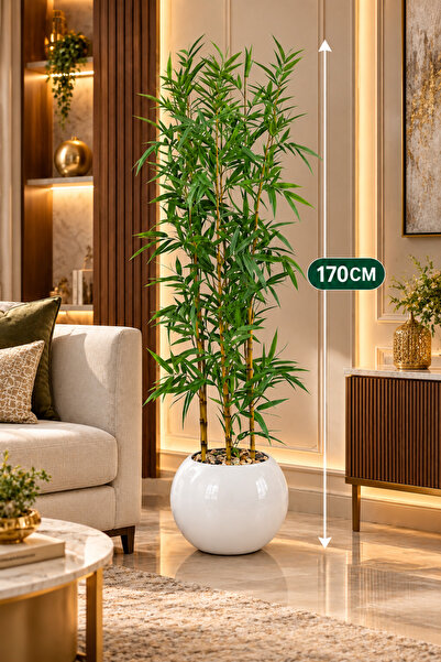 Generic Brand نبات الخيزران الاصطناعي 4 قطع بارتفاع 170 سم في وعاء أبيض كبير ...