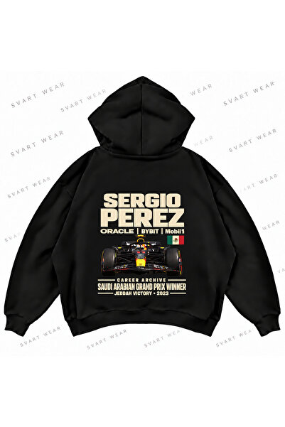 SVART WEAR هودي كبير الحجم مطبوع من الأمام والخلف من سيرجيو بيريز F1