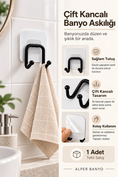 Alper Banyo Siyah Çift Kancalı Güçlü Yapışkanlı Banyo Mutfak Askılığı Havlu B...
