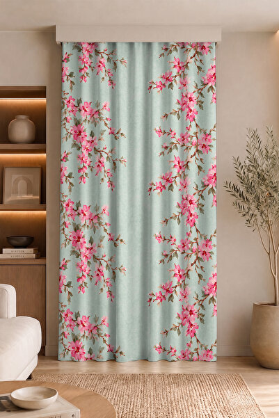 Realhomes Digital Printed Single Wing Background Curtain with Pink Flowers an...
