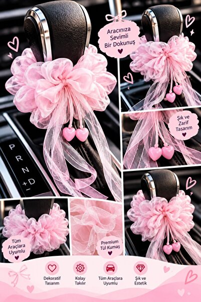 TEMUNGUR Powder Pink Tulle Ribbon Heart Gear Ornament – Plush Car Interior De...