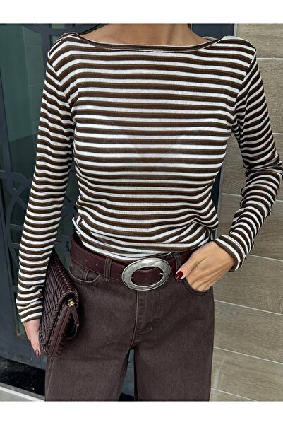 manana fashion Διαφανής ριγέ μπλούζα με λαιμόκοψη καγιάκ και μακριά μανίκια