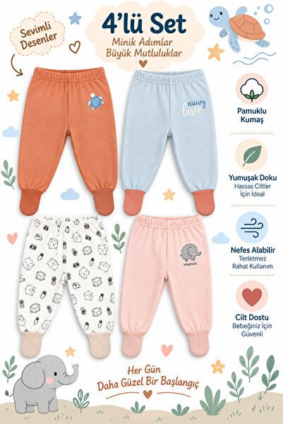 Melekpare Baby&Child Organic Booties Pants with Self-Socking Bottoms Pajamas Transitional Cotton Set of 4