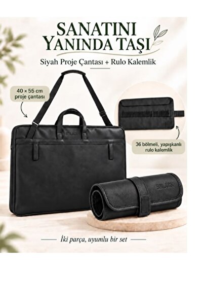 hobi market art Deri Proje Resim Çantası 40x55 cm ve Rulo Kalemlik 2'li Set S...