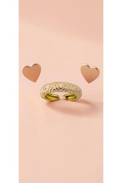 ahsenaksesuar2025 Geometric Motif Yellow and Pink Enamel Adjustable Steel Rin...