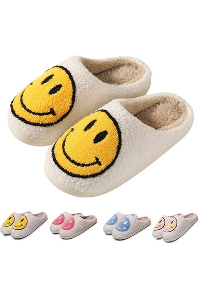 GENERAL FACAXEDRE Retro Smile Face Slippers, Soft Plush Comfy Preppy Women Sl...