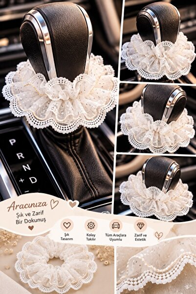 TEMUNGUR White Tulle Lace Gear Shift Ornament – Elegant Car Interior Gear Kno...