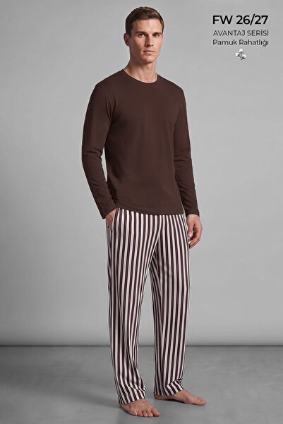 Mısırlı Men's Cotton Long Sleeve Pajama Set Brown-Ecru