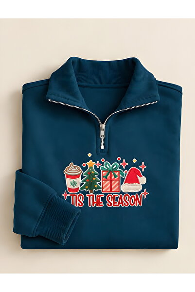 Risil-Nu Company New Season 3 Threaded Combed Cotton Half-Zipper Christmas Themed Sweatshirt