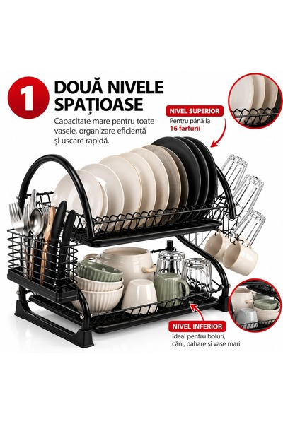 Ruhhy Scurgator de vase cu două niveluri, 37 x 53 x 25 cm, fier și PP, 16 farfurii, suport pahare și tacâmuri, Negru